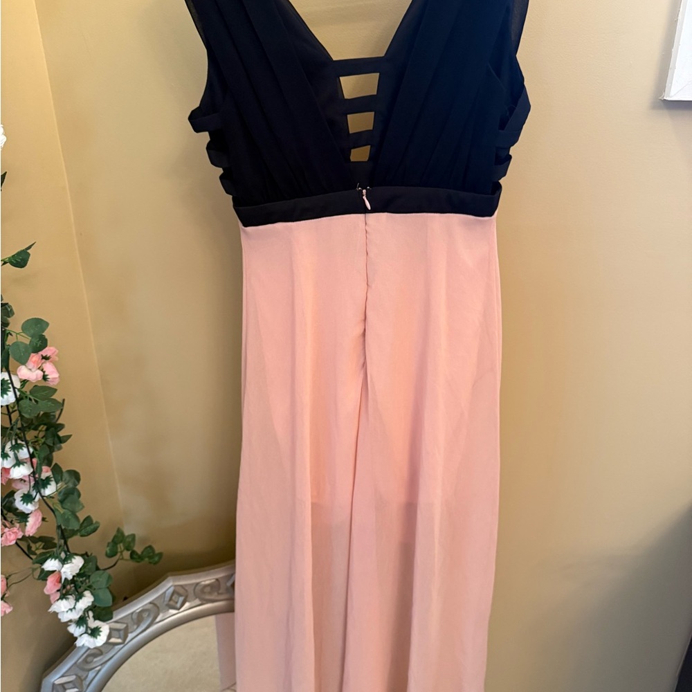 Summer black and peach high low v neck dress